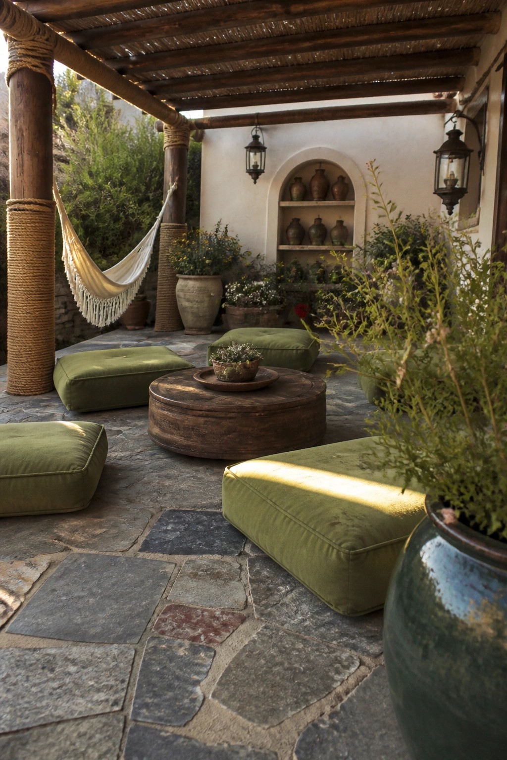 Rustic stone patio with green cushions, round table, hammock, lanterns, and potted plants