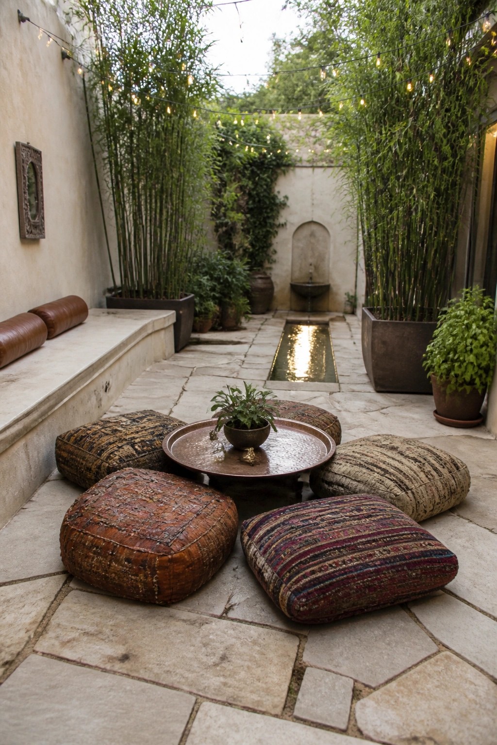 A stone courtyard patio with large patterned floor cushions arranged around a low round metal tray table, tall bamboo plants in pots, string lights overhead, and a narrow water channel running through the center.