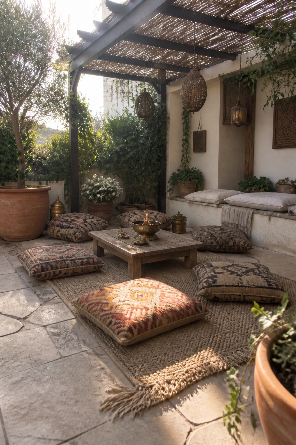 Outdoor patio with multiple patterned floor cushions on woven rugs arranged around a low wooden table with a fire bowl, under a pergola with hanging lanterns.