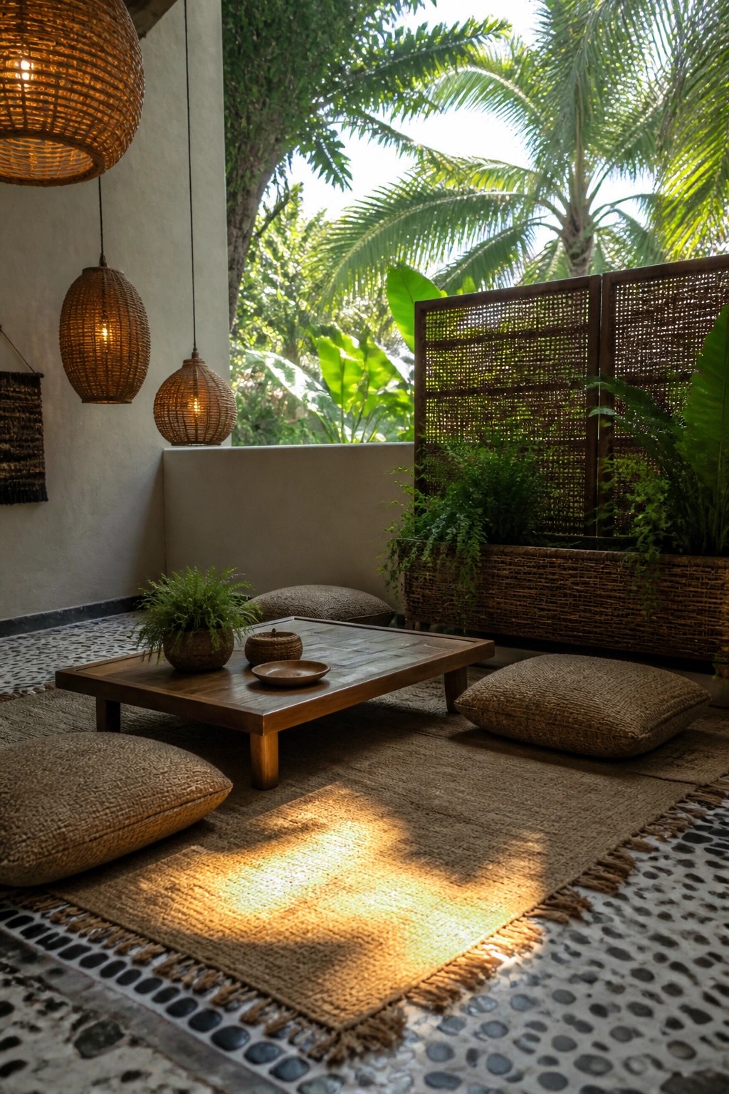 Outdoor patio with low wooden table, several burlap floor cushions on a woven rug, hanging wicker lamps, and woven screens next to tropical plants.