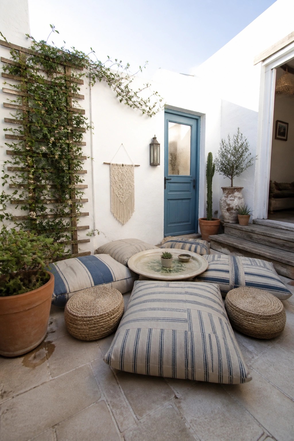 A small courtyard patio with striped floor cushions, round woven poufs, and potted plants arranged around a low tray table beside a blue door.