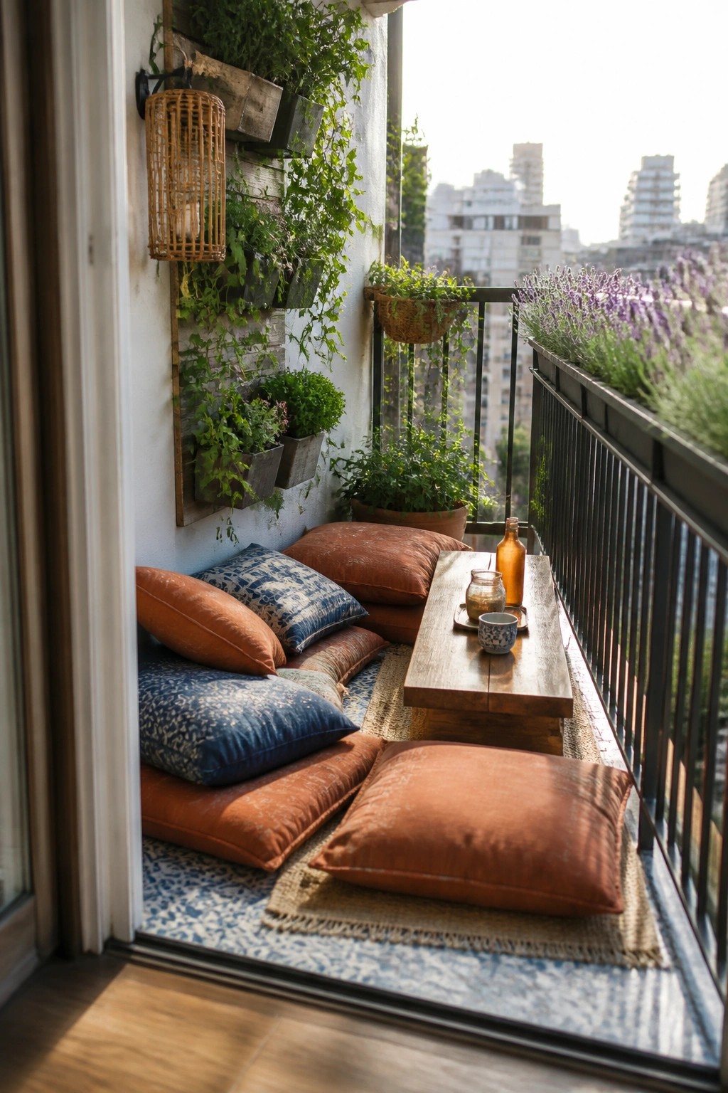 Cozy balcony with orange and blue cushions, wooden table, hanging plants, and city view.