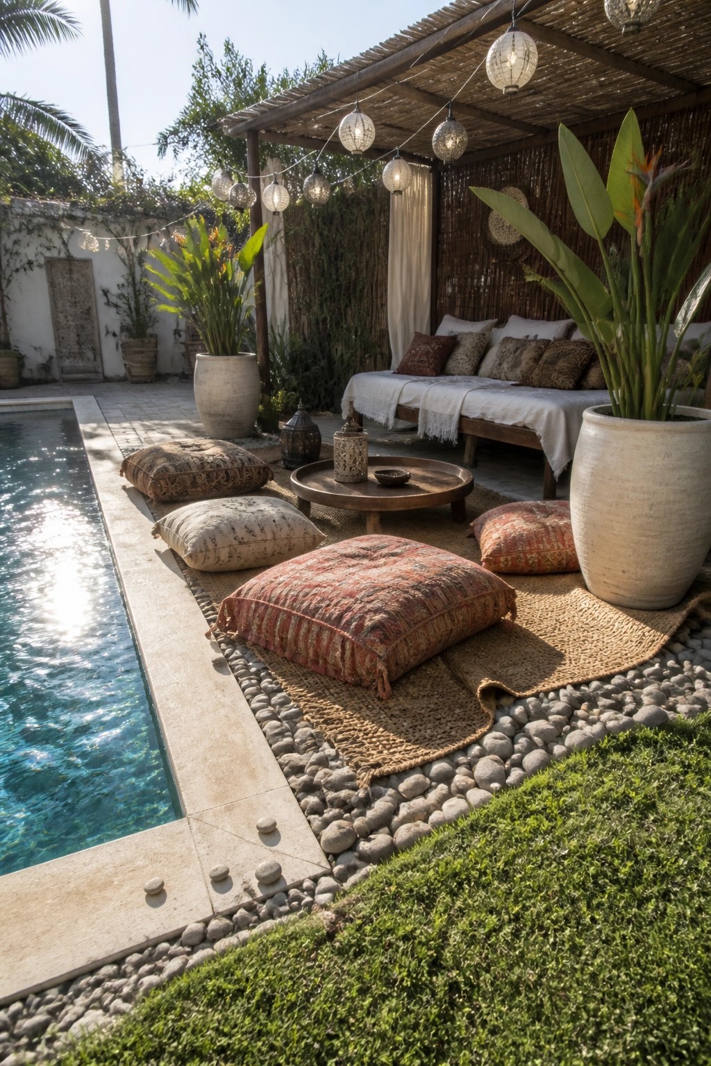 A boho-style patio seating area with patterned floor cushions on woven rugs beside a pool, under a pergola with string lights and potted plants.