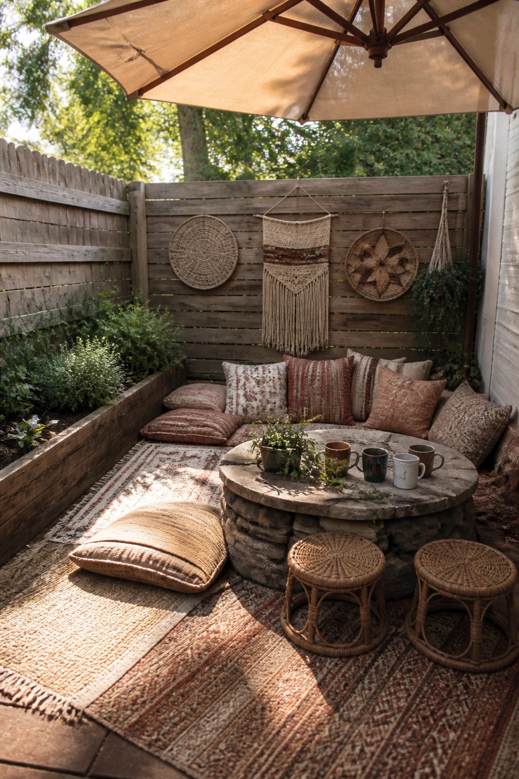 An outdoor patio with layered rugs, floor cushions, a round stone table holding mugs and a plant, two wicker stools, and wall hangings on a wooden fence under a large umbrella.