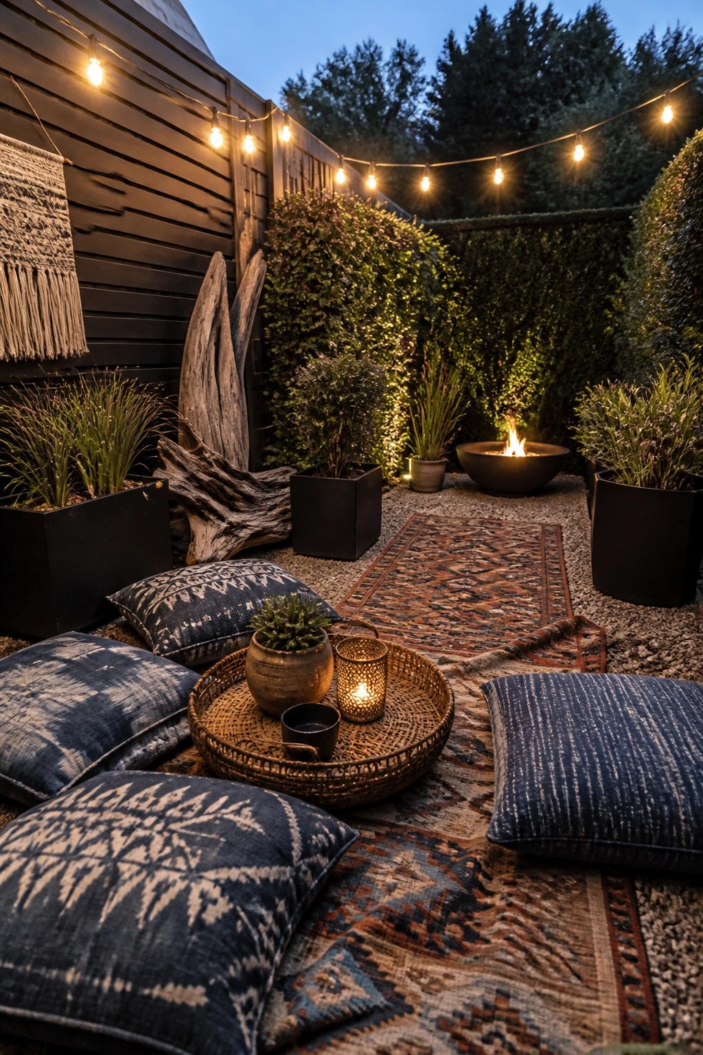 An outdoor patio at dusk with layered patterned rugs holding blue floor cushions, a woven tray with a lantern and plant, string lights overhead, potted plants, a fire pit, and dark fencing in the background.