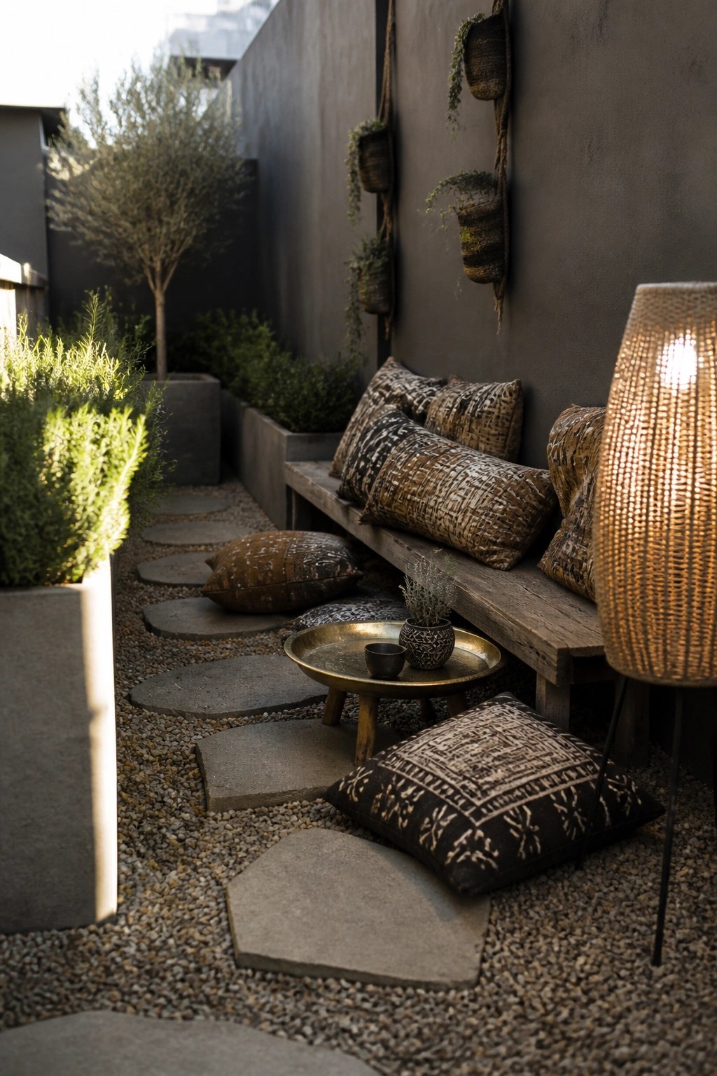 Narrow outdoor patio with wooden bench against dark wall, patterned pillows on bench, floor cushions on gravel path with stepping stones, and hanging plants.