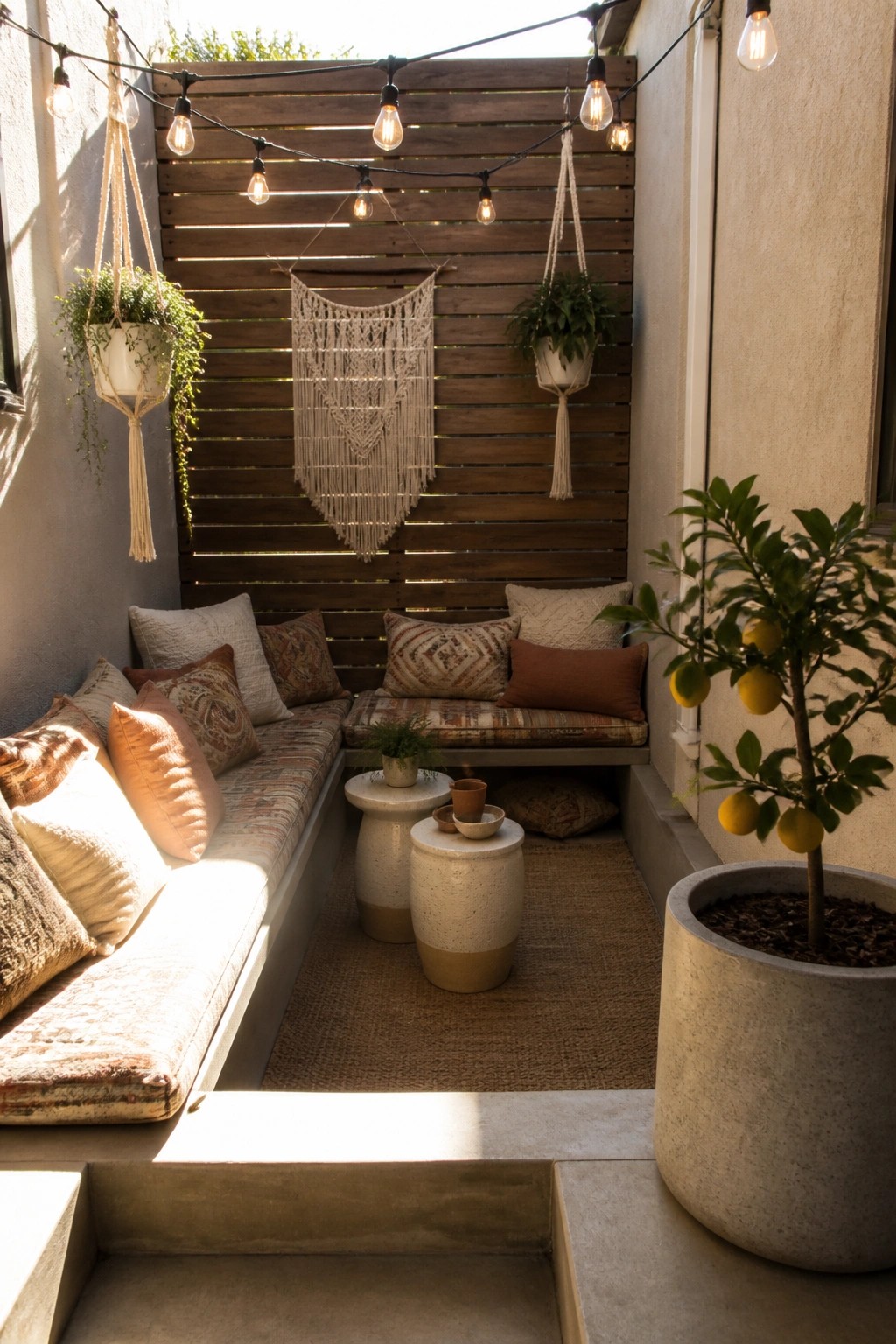 Cozy sunlit patio with macrame wall hanging, string lights, cushions, and lemon tree