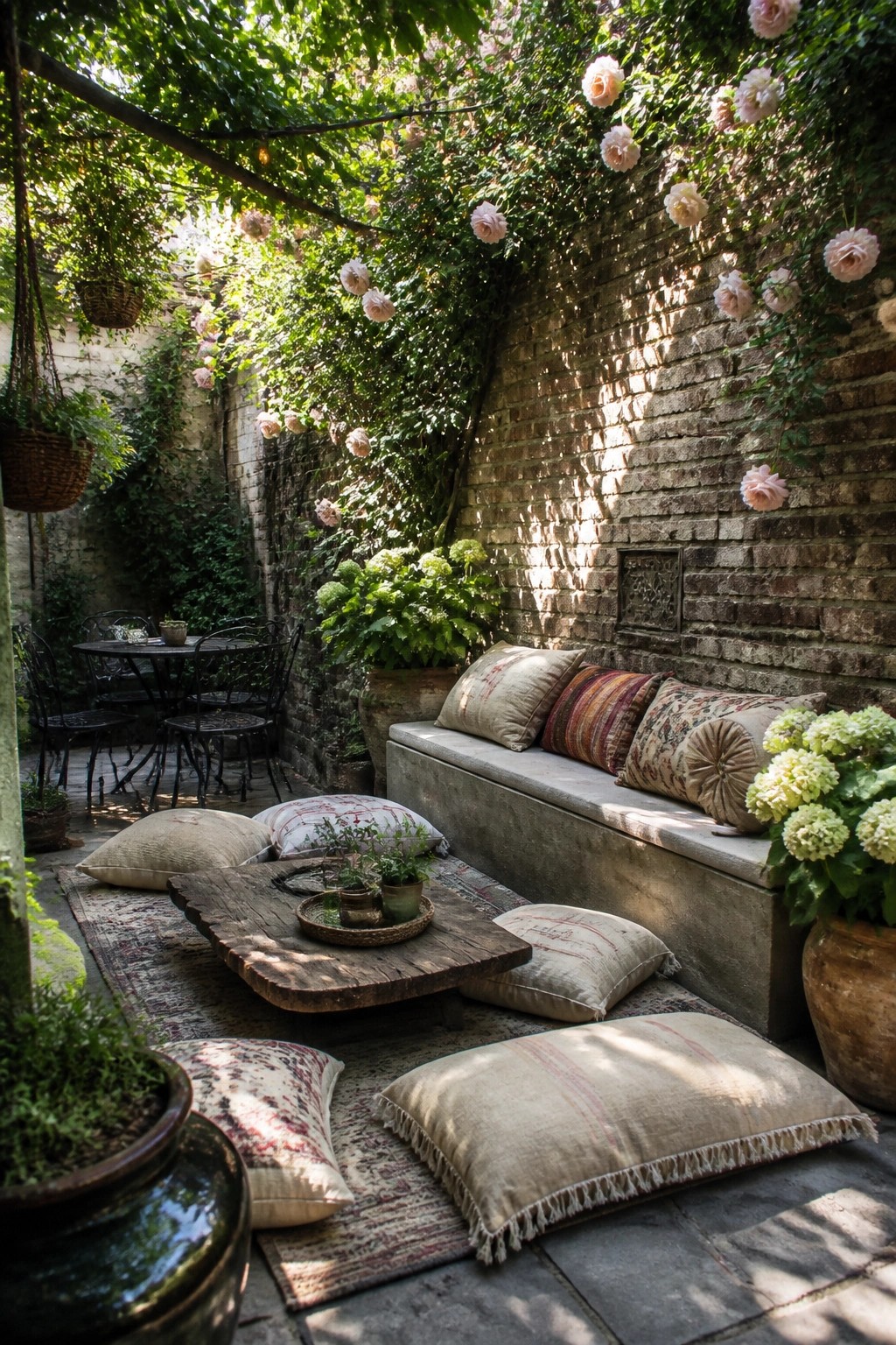 A brick-walled courtyard with a concrete bench, scattered floor cushions on rugs, a low wooden table, potted plants, and climbing roses overhead.