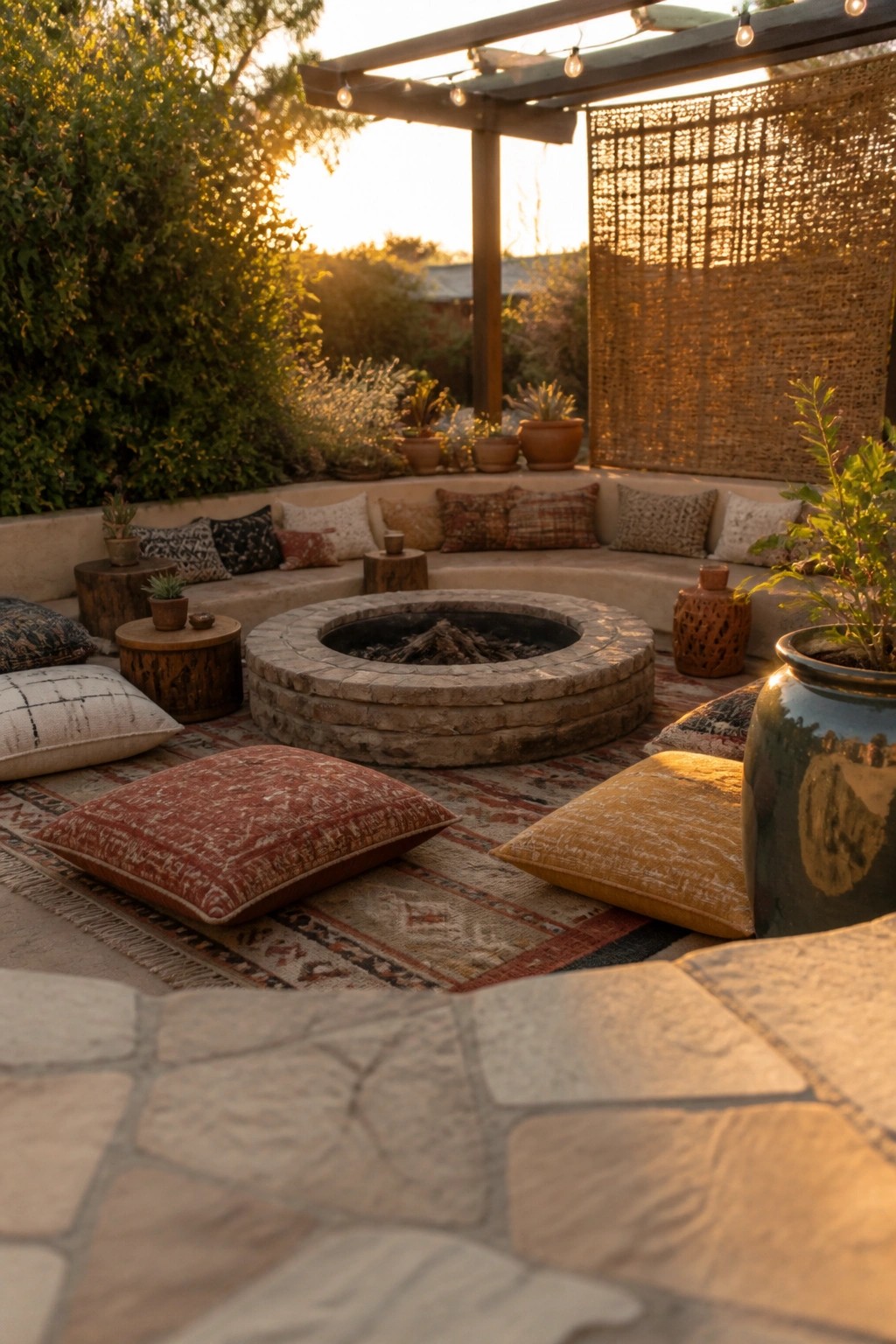 Cozy outdoor fire pit with colorful pillows, rugs, plants, and string lights at sunset.