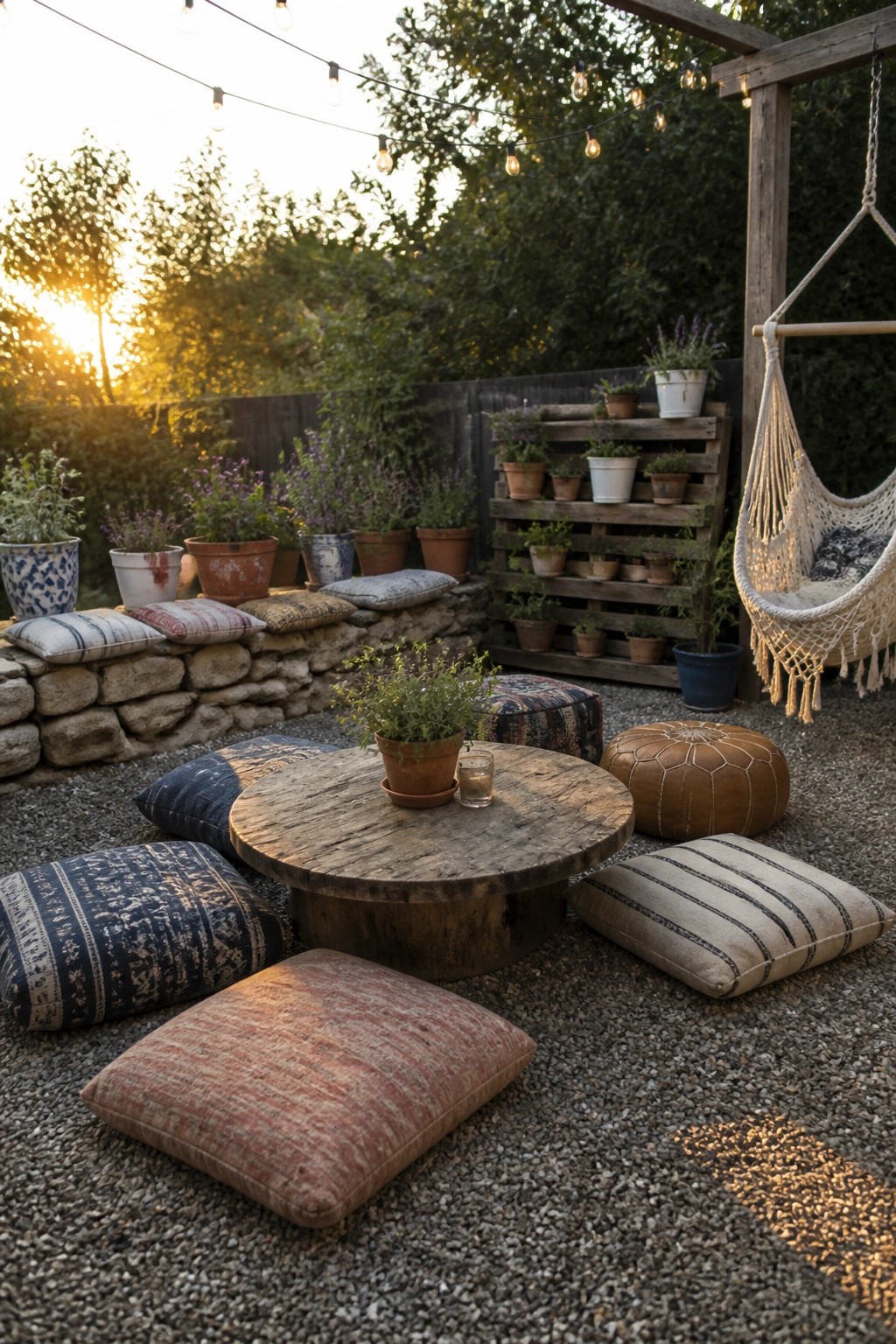 Outdoor patio with round wooden low table, assorted floor cushions and poufs on gravel, potted plants along a stone wall, string lights overhead, and a hanging hammock.