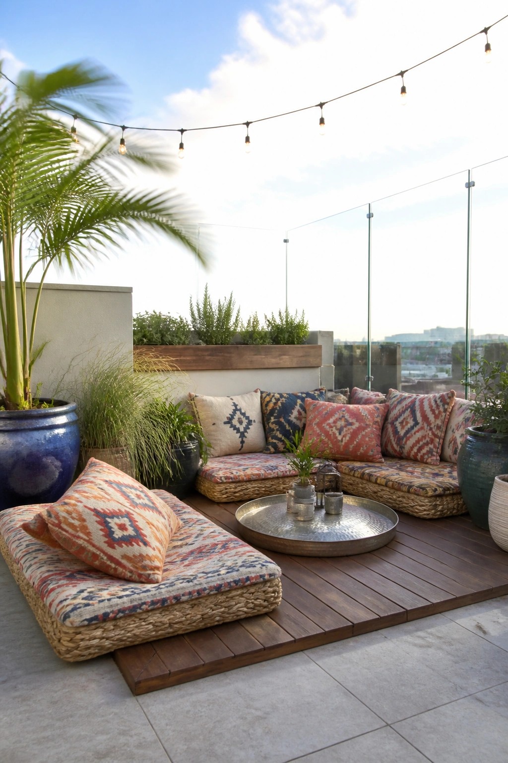 Rooftop patio featuring low woven floor cushions on a dark wooden deck platform, surrounded by large potted plants and string lights.