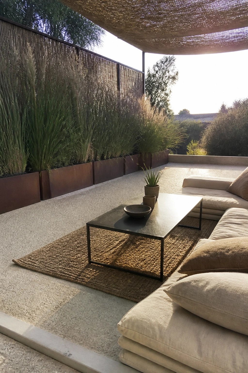 A patio with low beige sectional seating on a woven rug, a black coffee table, and tall grass planters along a metal fence under a woven shade canopy.