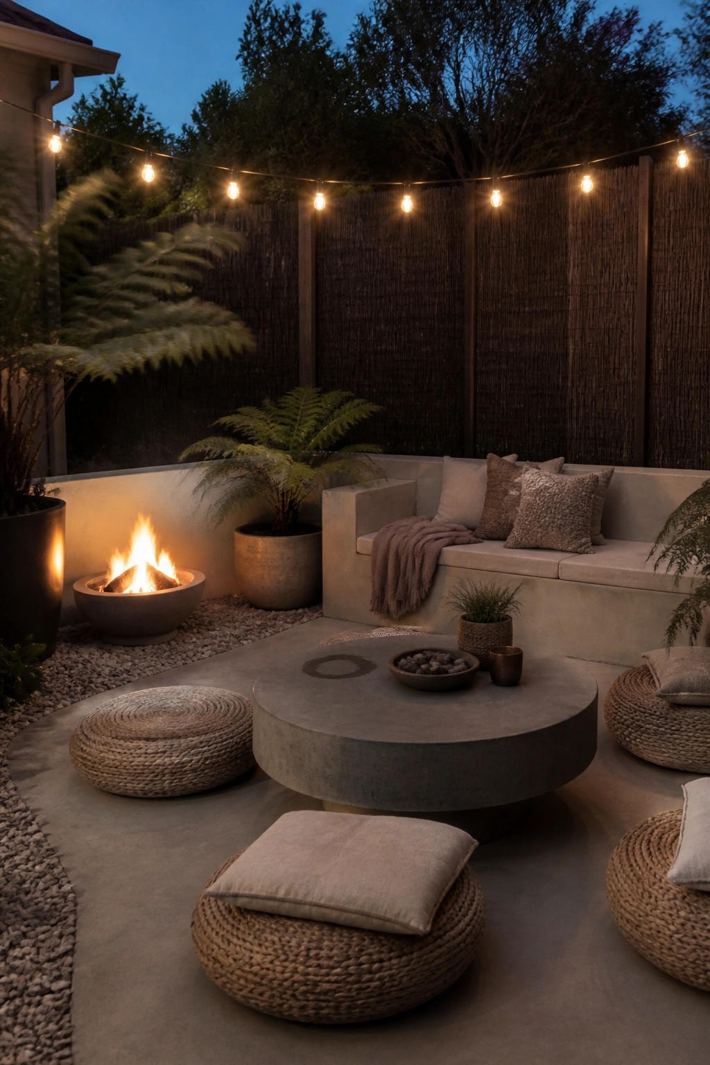 Outdoor patio at dusk with a concrete fire pit on gravel, round concrete table, woven floor cushions and poufs, built-in bench with pillows, string lights, and potted plants.