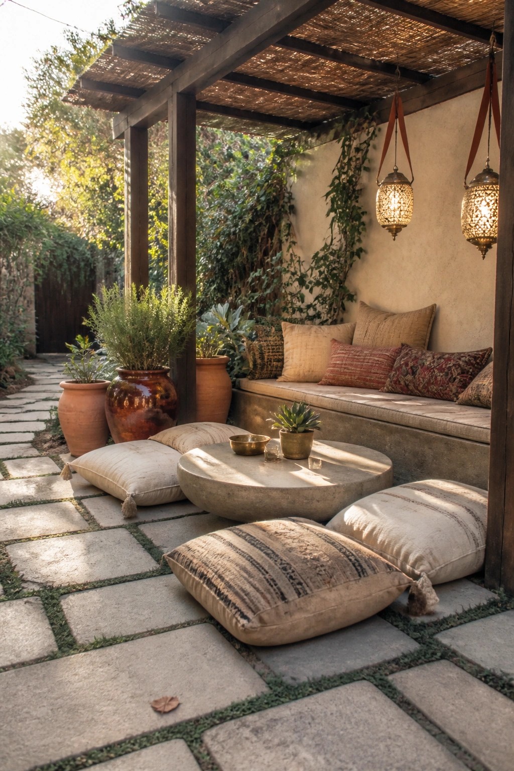 Cozy boho patio with round stone table, floor cushions, hanging lanterns, and potted plants