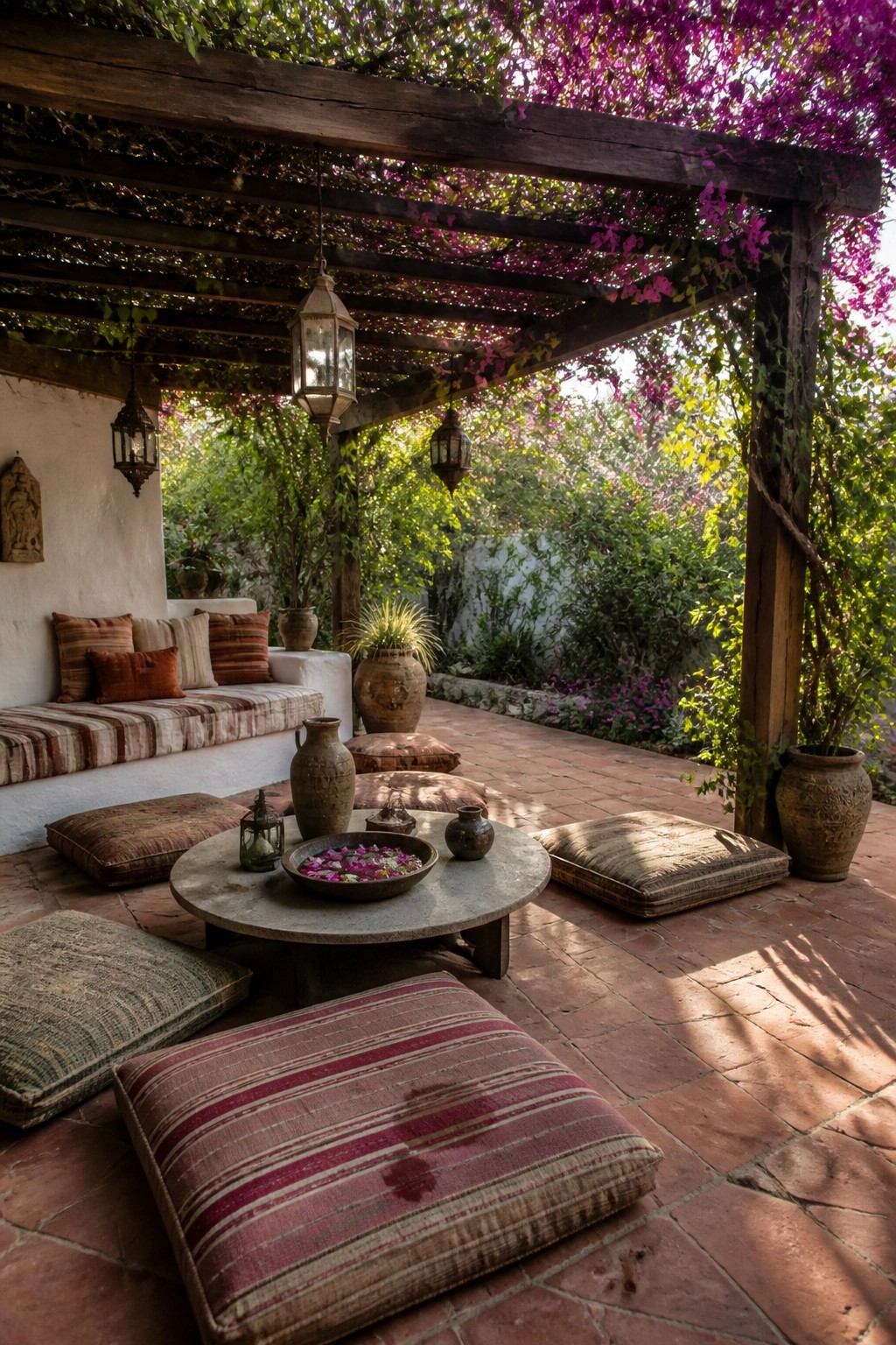 A shaded brick patio under a wooden pergola with purple flowers, scattered floor cushions, a low round table, and hanging lanterns.