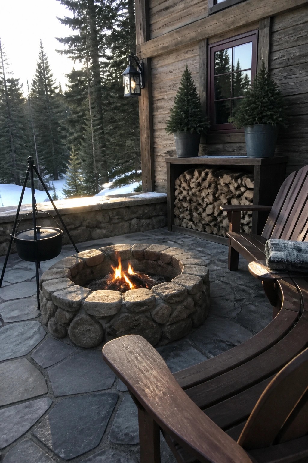 A circular stone fire pit with burning logs sits on a stone patio, surrounded by wooden Adirondack chairs, with a wooden house, stacked firewood, and snow-covered trees in the background.