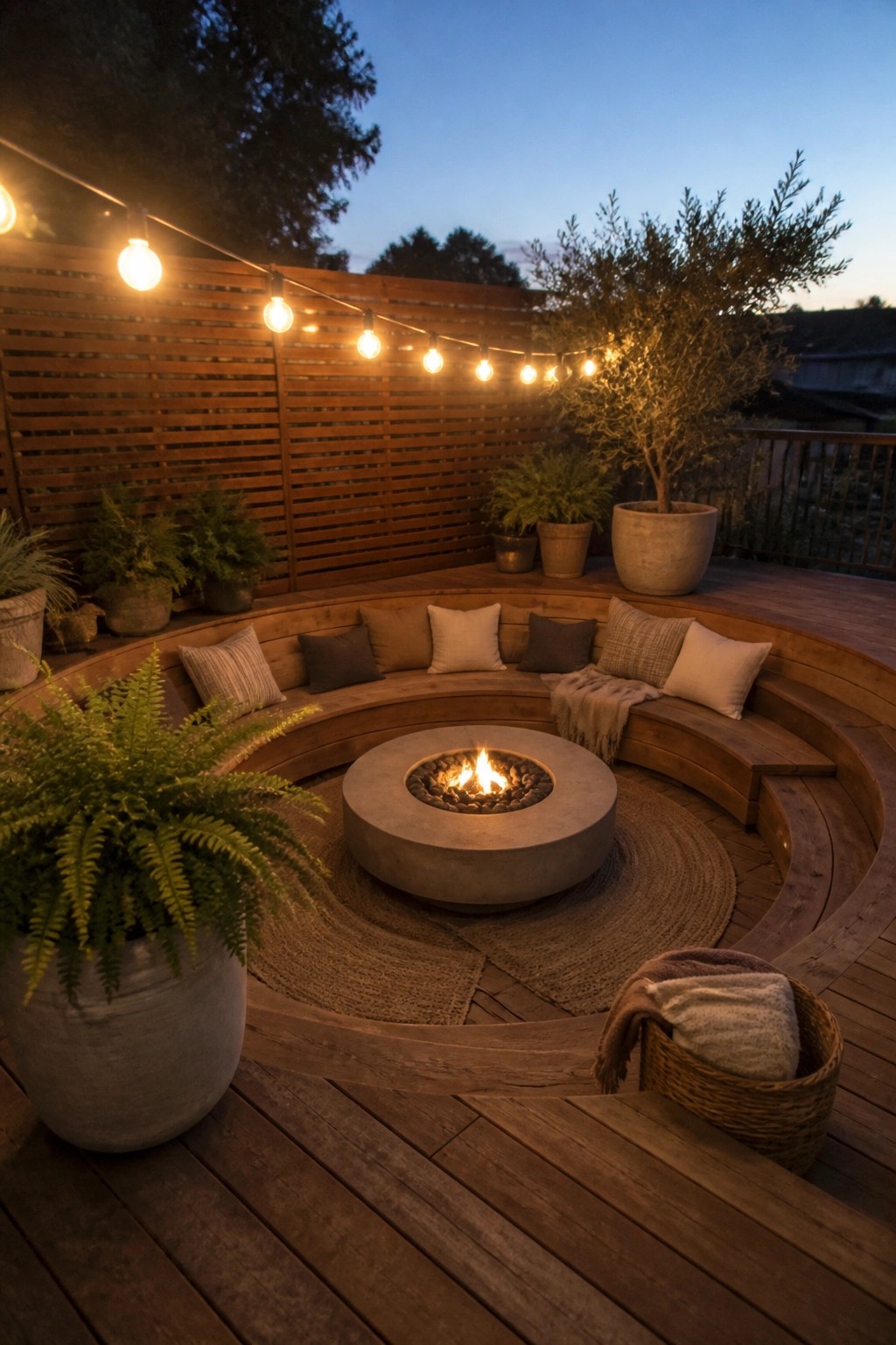 Circular concrete fire pit set into a wooden deck with curved built-in benches, string lights, and potted plants.