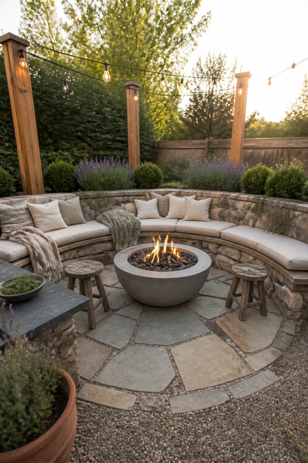 Stone fire pit centered in patio with curved cushioned benches, stools and string lights