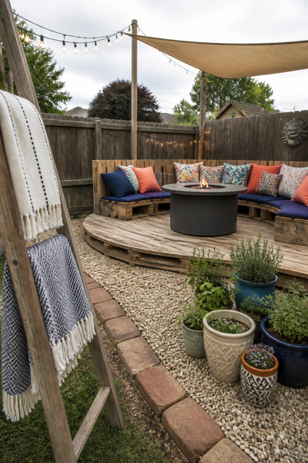 A backyard patio features a circular wooden deck with built-in pallet seating arranged around a central fire pit, colorful cushions, overhead string lights, and potted plants along the gravel border.