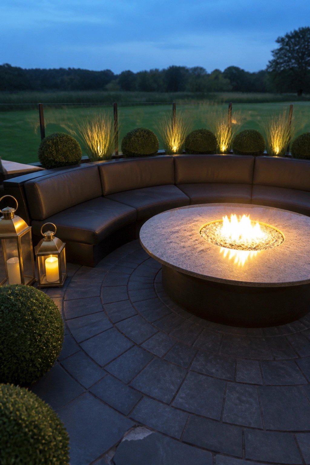 A round stone fire pit with active flames is surrounded by a curved brown bench on a dark stone patio, with lanterns and shrubs nearby at dusk.