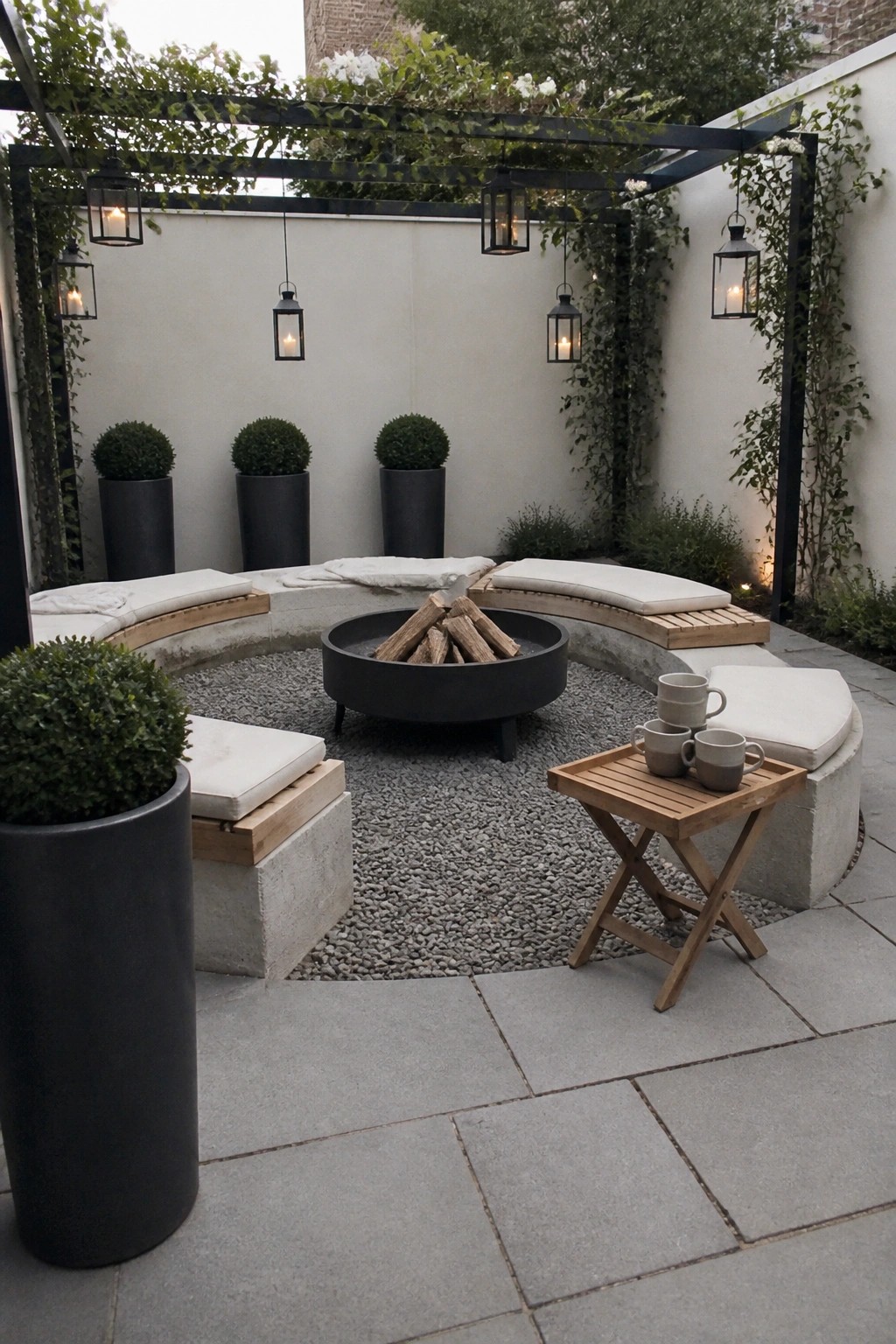 A modern outdoor patio features a round black fire pit centered on gravel, surrounded by curved concrete benches with light cushions, hanging lanterns, potted shrubs, and a small wooden side table with mugs.