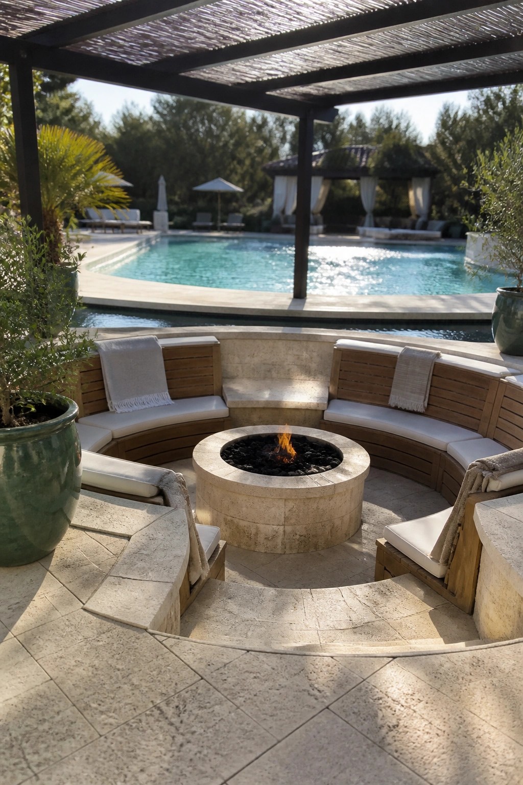 A circular stone fire pit with curved wooden benches and white cushions arranged around it on a stone patio beside a swimming pool.