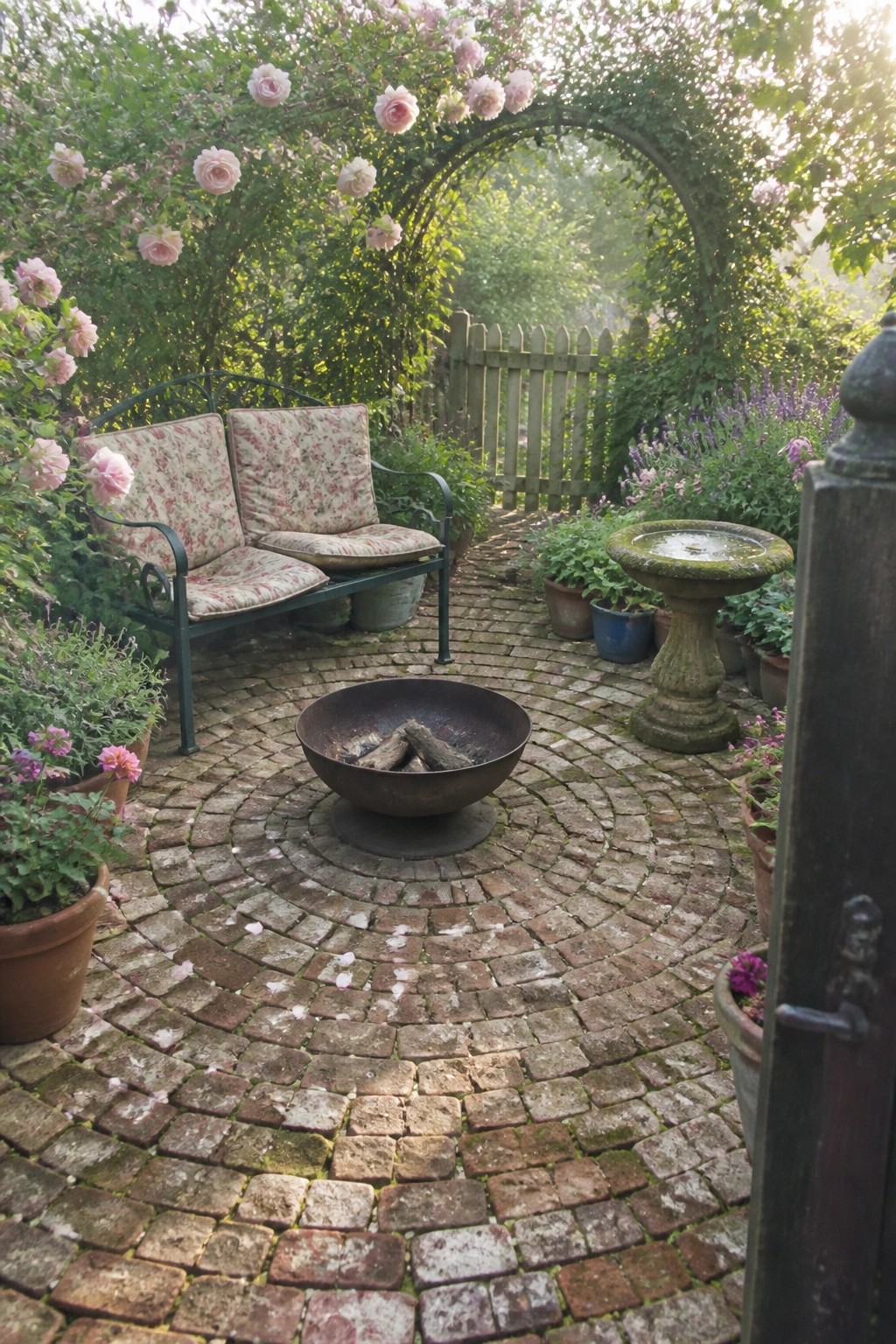 A circular brick patio centered on a metal fire pit, with a cushioned bench on the left and potted plants plus a stone birdbath along the edges.