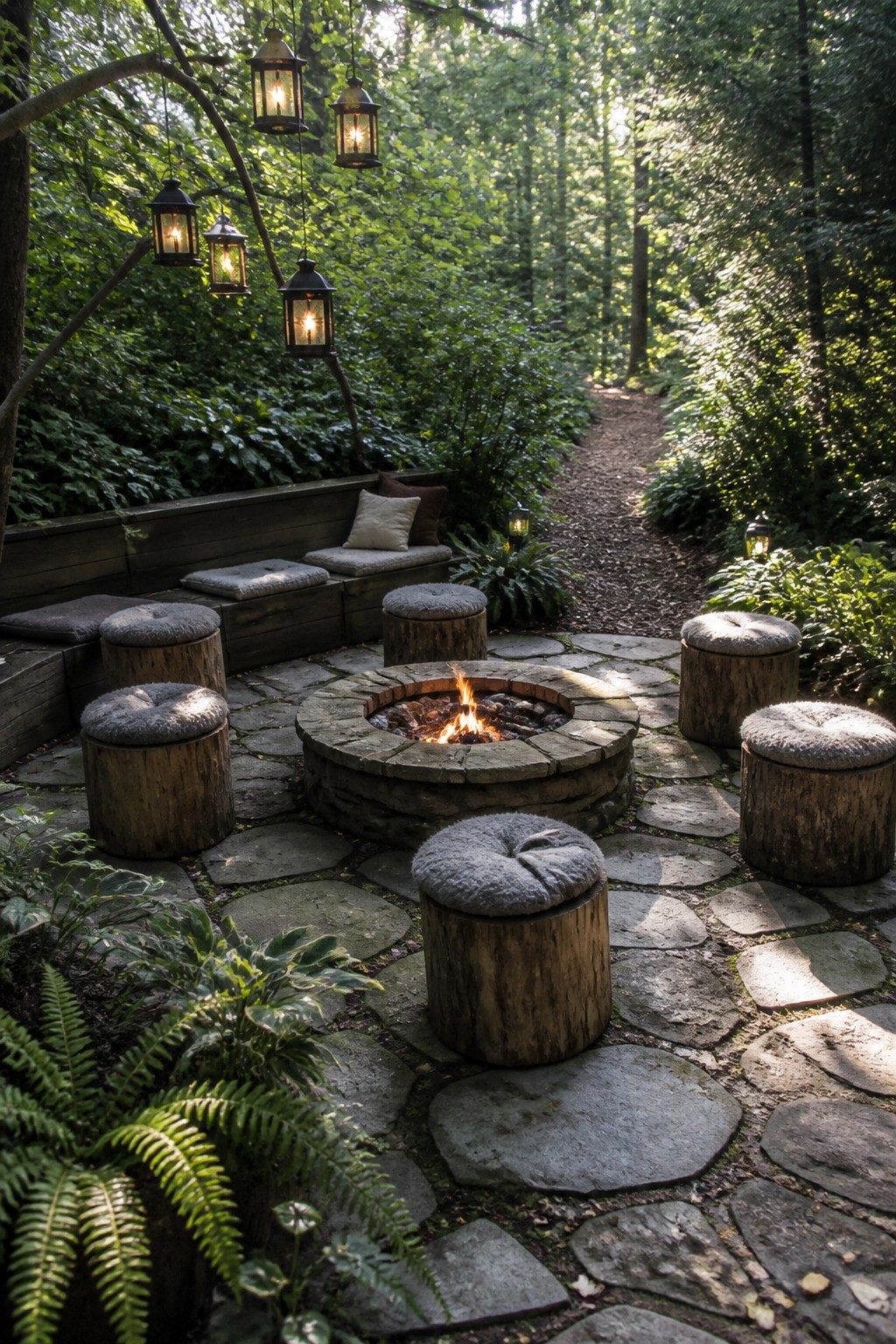 Stone fire pit with a circle of wooden stump stools on a flagstone patio in a dense forest setting, with hanging lanterns overhead.