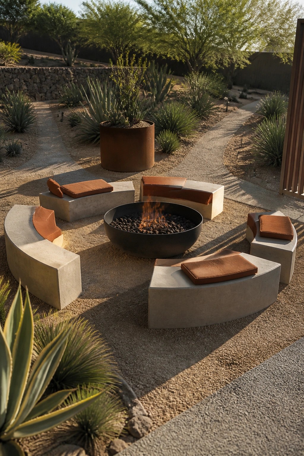 A circular fire pit with curved concrete benches and brown cushions arranged around it in a desert garden.