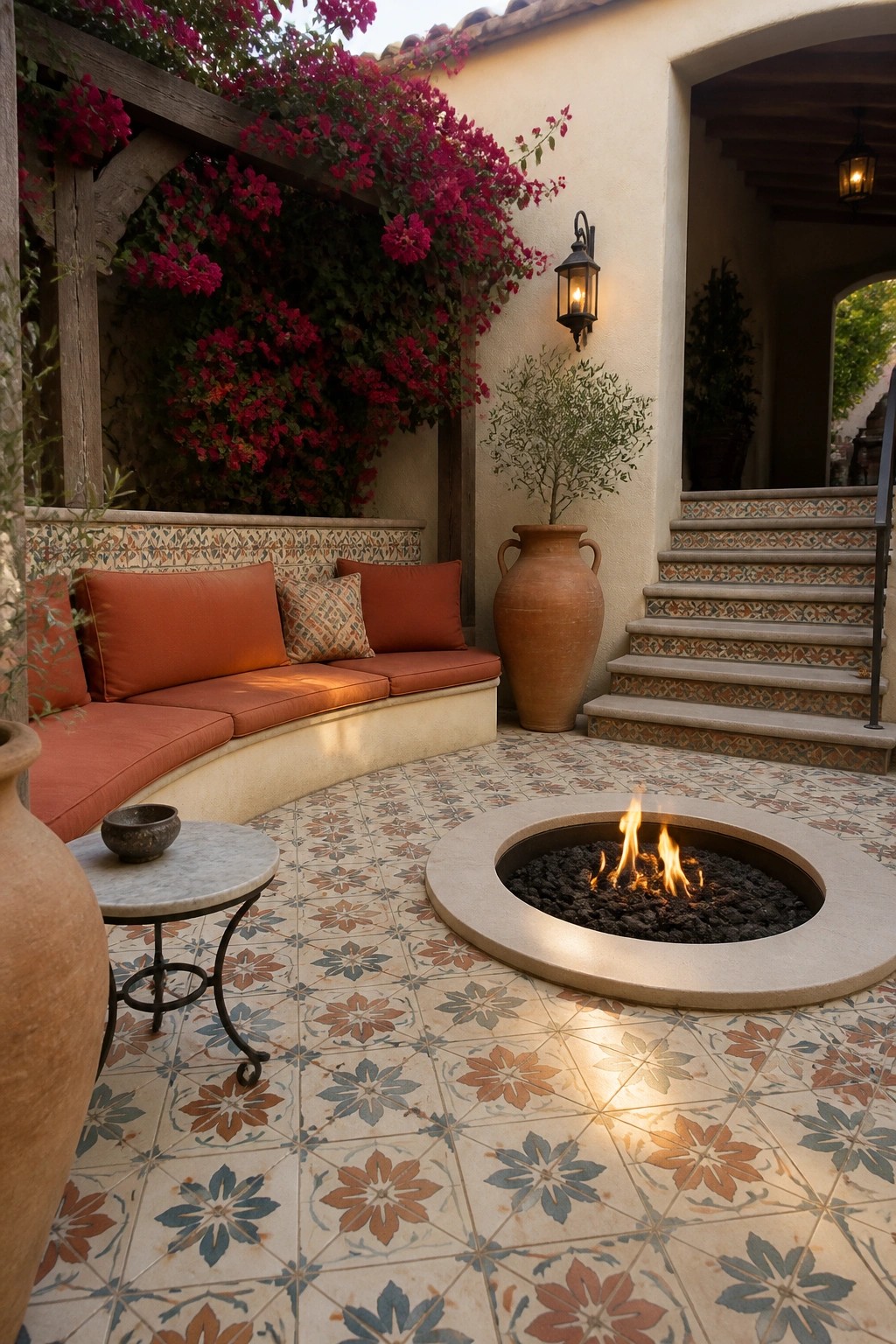 A round fire pit on a patterned tile patio with a curved built-in bench holding orange cushions, a small side table, and a large terracotta pot beside tiled stairs.