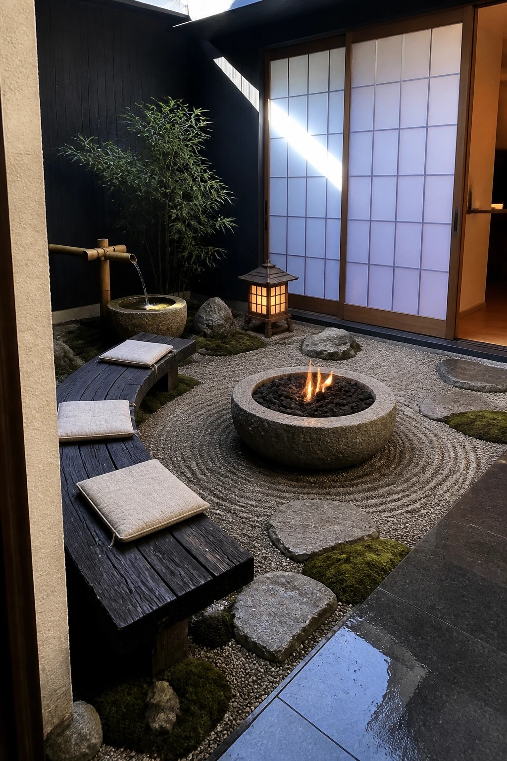 Zen garden with flaming stone fire pit, raked gravel, wooden bench, and bamboo fountain.