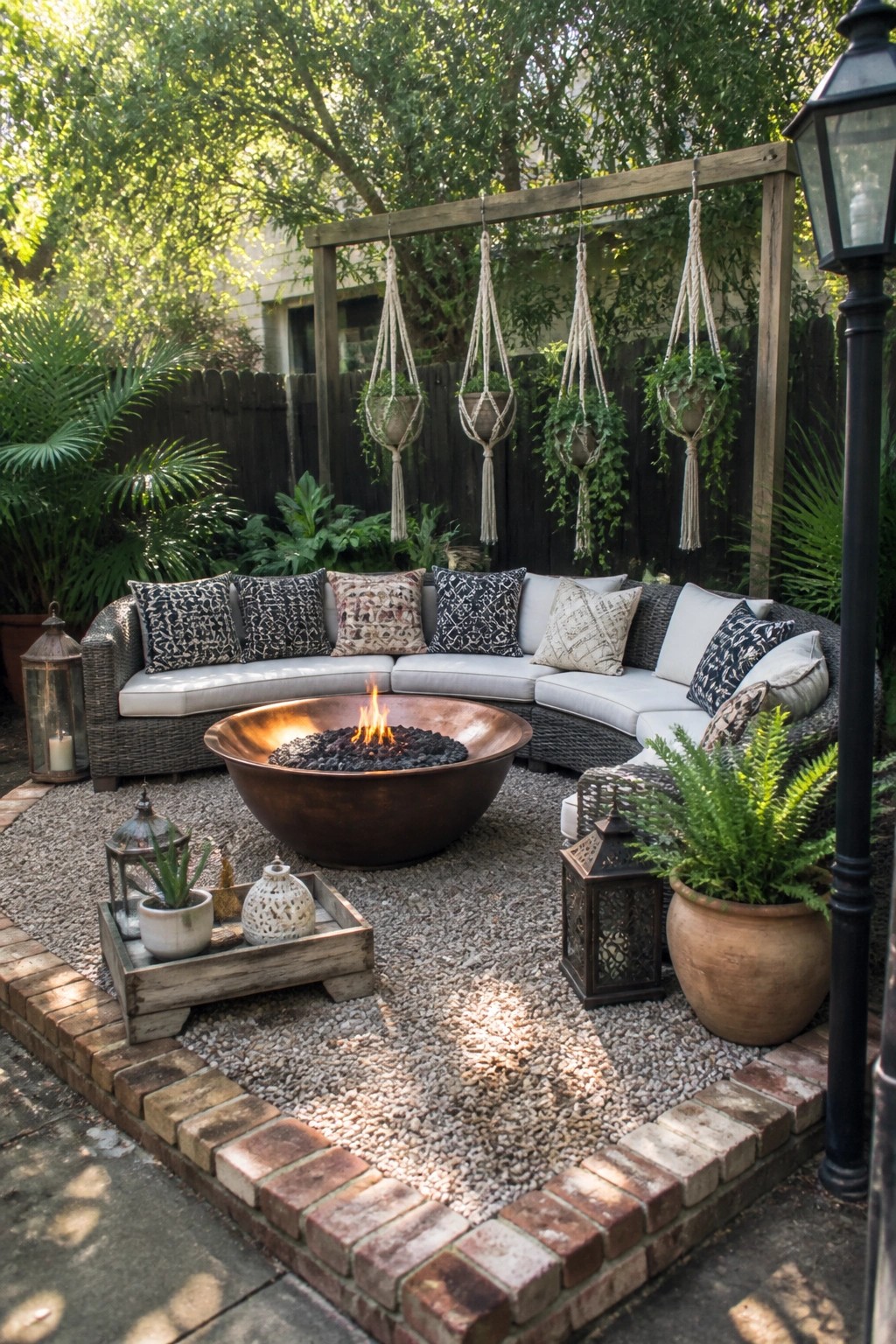 A curved wicker sectional sofa with patterned cushions surrounds a large copper fire pit on a gravel patio edged with brick, with hanging plants and lanterns nearby.