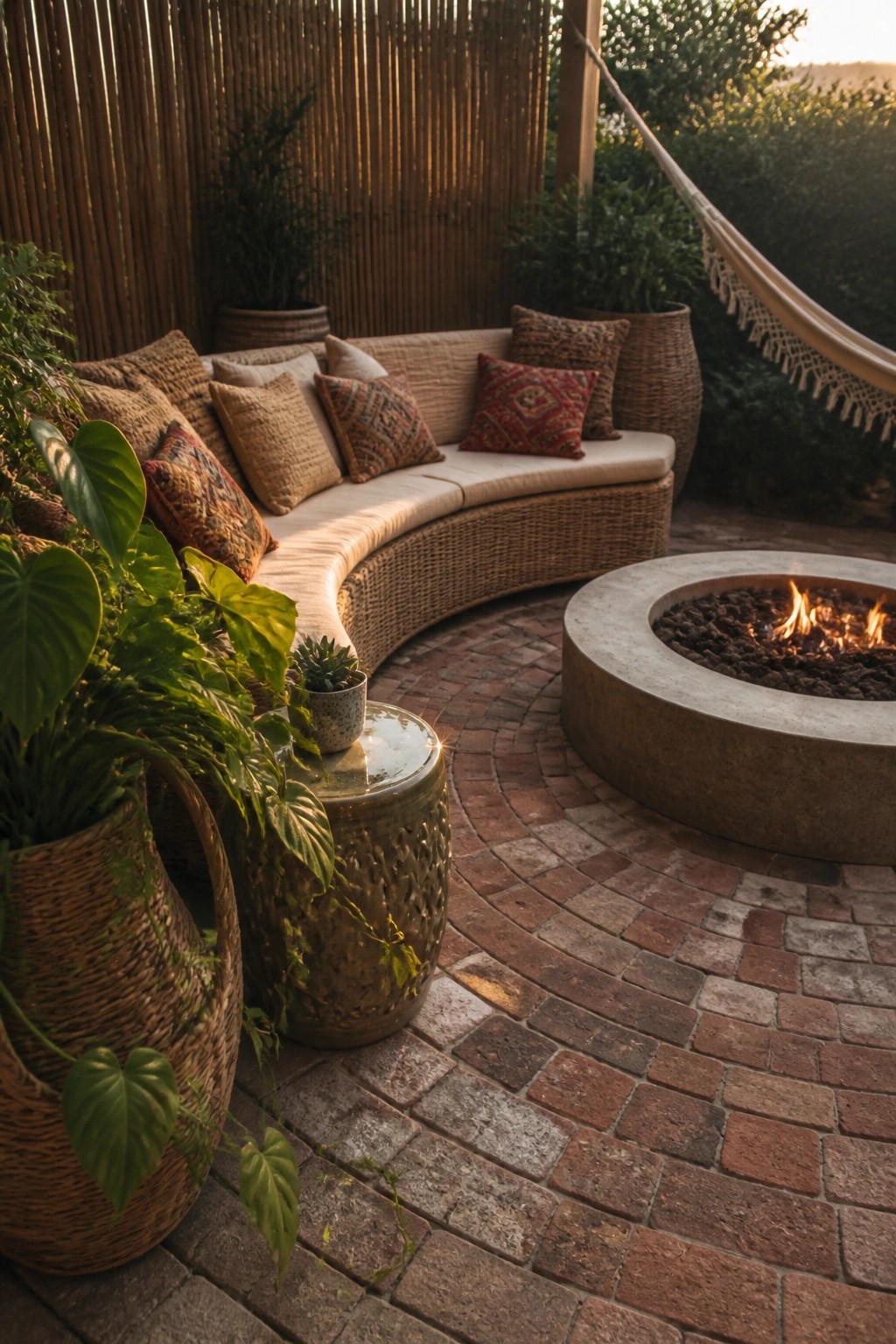 Curved wicker sofa beside fire pit on brick patio with plants and hammock