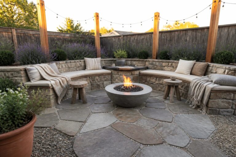 20 Cozy Fire Pit Patio Ideas Built Around Circular Seating Stone fire pit centered in patio with curved cushioned benches, stools and string lights