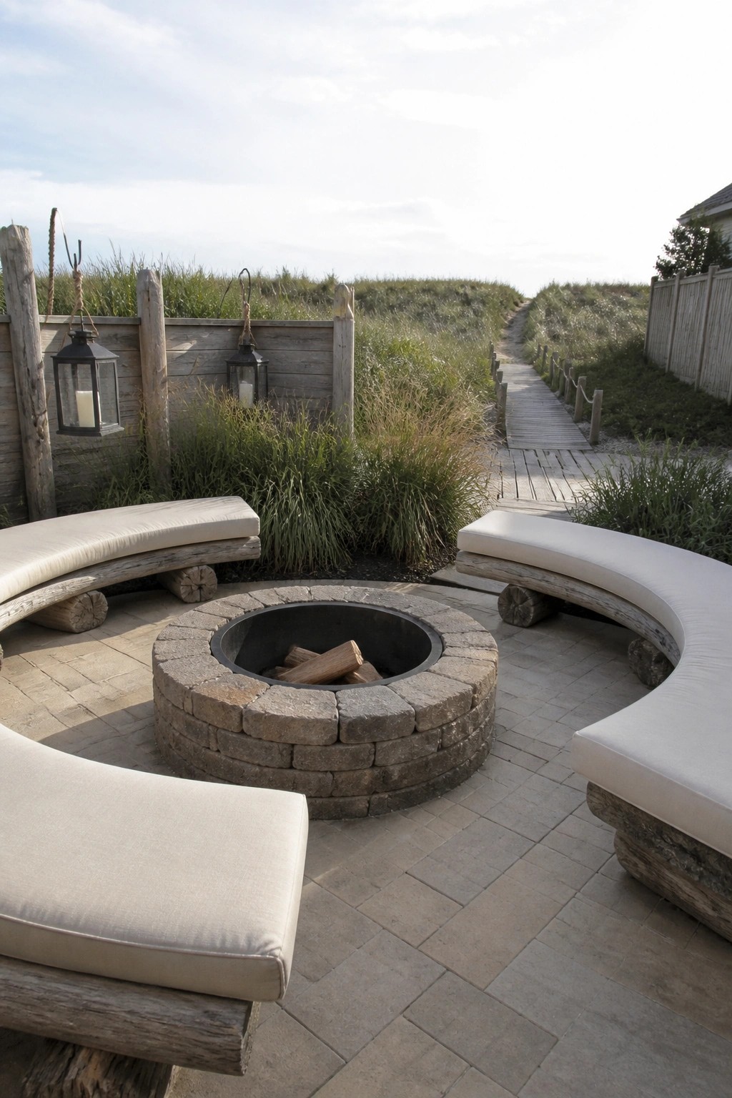 A round stone fire pit with logs inside sits on a paved patio, surrounded by three curved wooden benches with light cushions, with hanging lanterns on a wooden fence behind it.