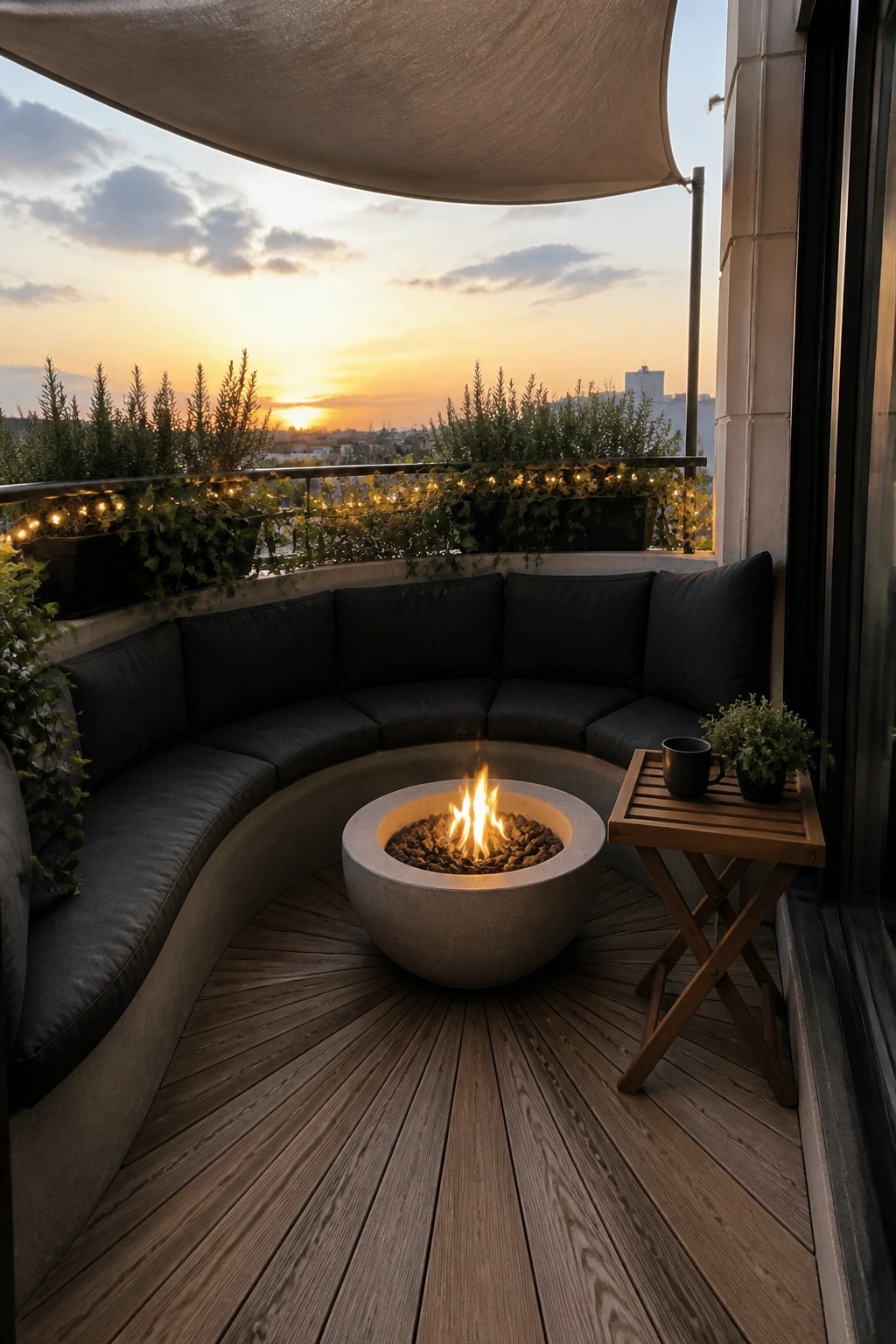 A round concrete fire pit sits centered on a wooden balcony floor, surrounded by dark curved sectional seating with a small wooden side table to one side at dusk.