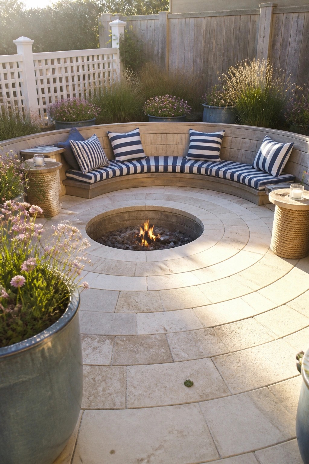 A circular stone fire pit surrounded by a curved wooden bench with blue and white striped cushions on a paved patio, with potted plants and a wooden fence in the background.