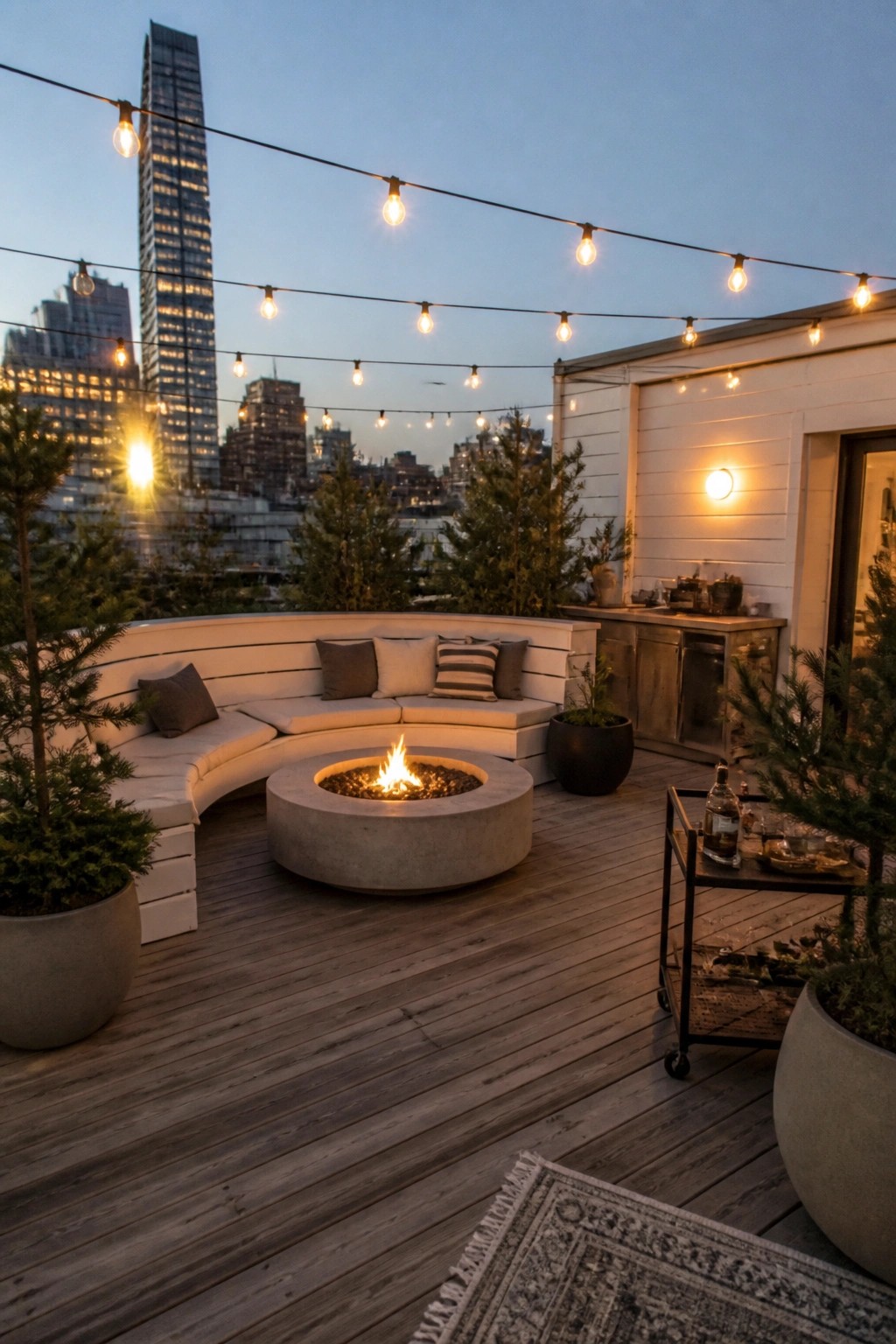 Rooftop deck at dusk with fire pit, string lights, curved seating, and city skyline.