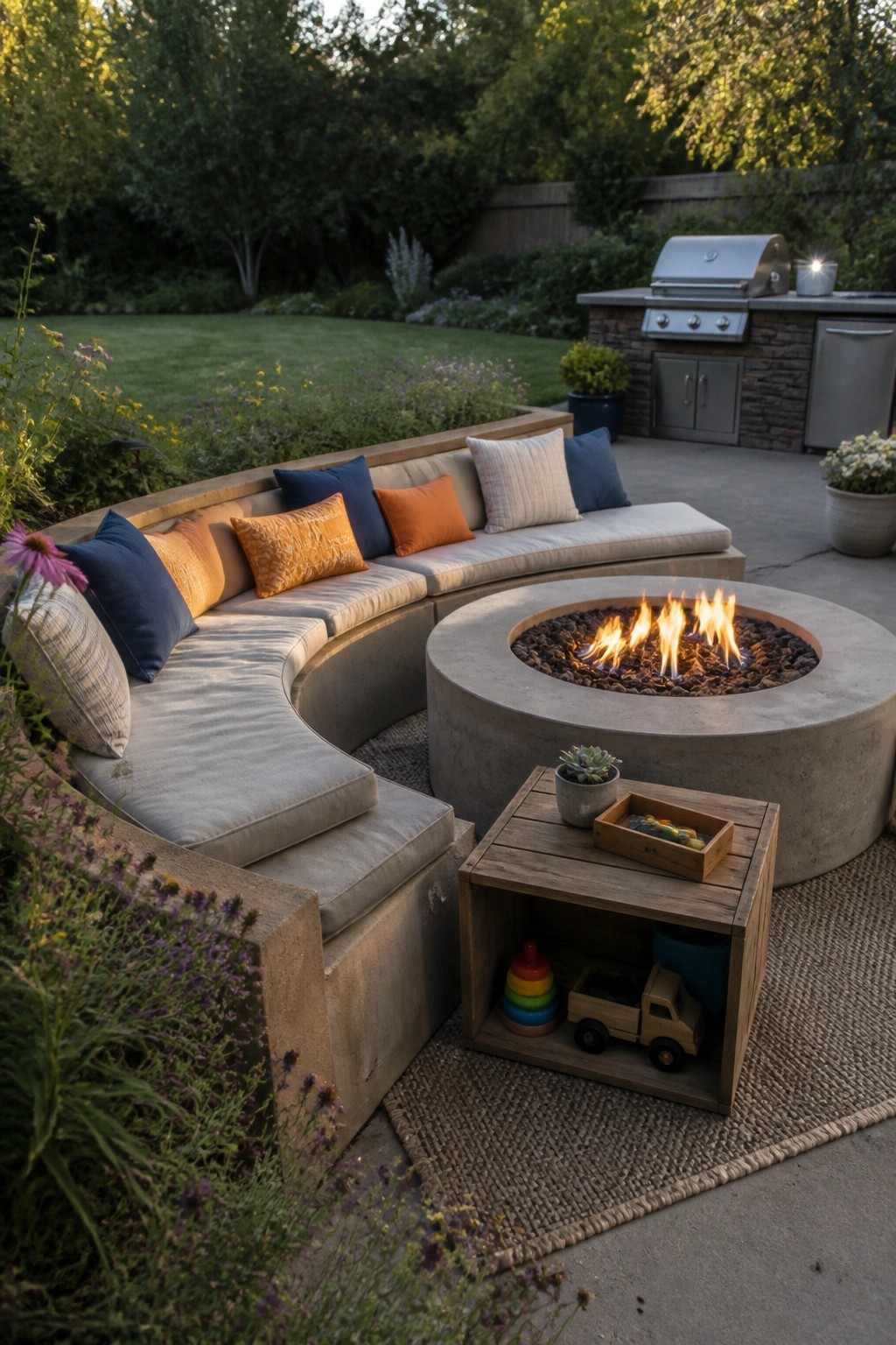 A curved concrete bench with cushions surrounds a round concrete fire pit on an outdoor patio, with a wooden side table holding toys and a plant nearby.