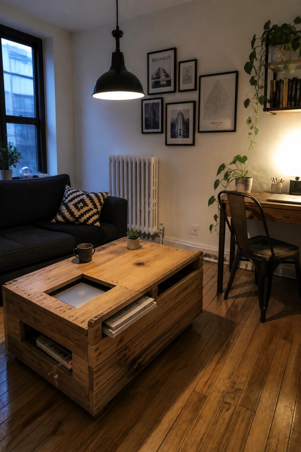 A rustic wooden pallet coffee table in a living room features built-in open compartments holding a laptop, books, and a remote control.