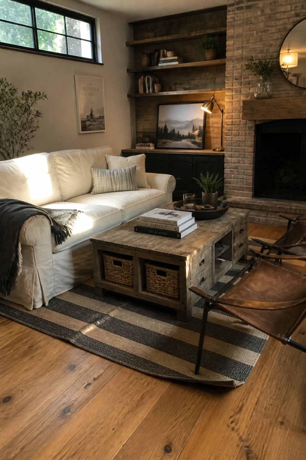 A rustic wooden coffee table with drawers and baskets under a striped rug in a living room with a white sofa and brick fireplace.