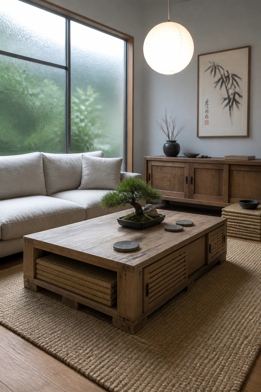 A low wooden coffee table with open lower shelves holding stacked folded textiles sits on a woven rug in a living room with a light sofa and large window.
