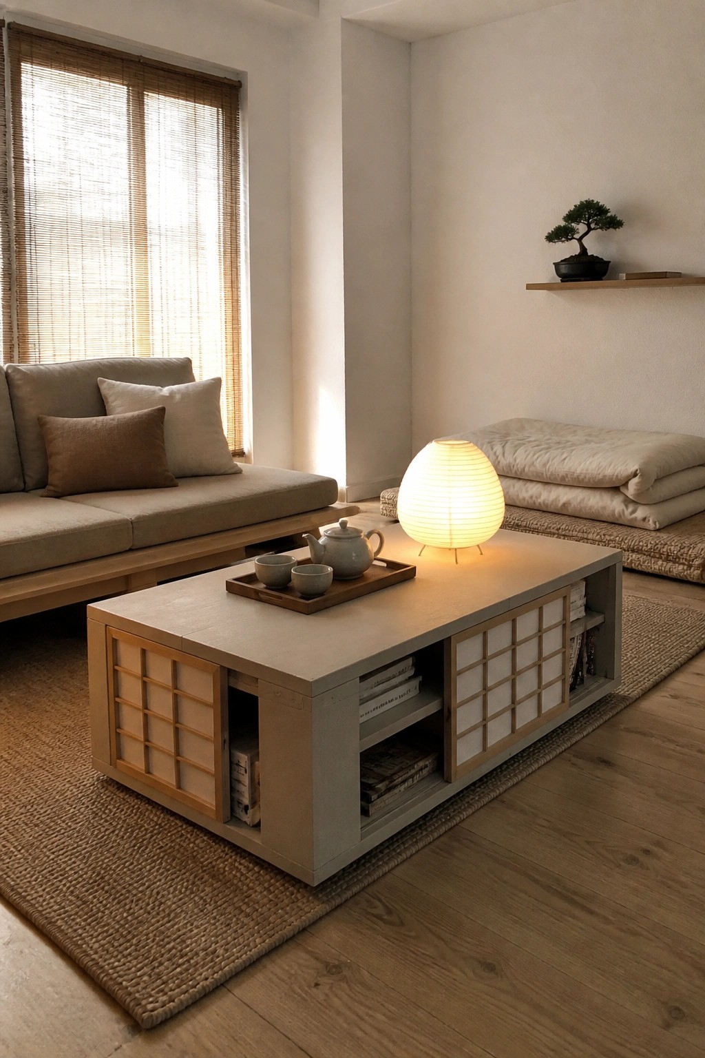 Minimalist Japanese room with low sofa, shoji coffee table, glowing lantern, and bonsai on shelf.