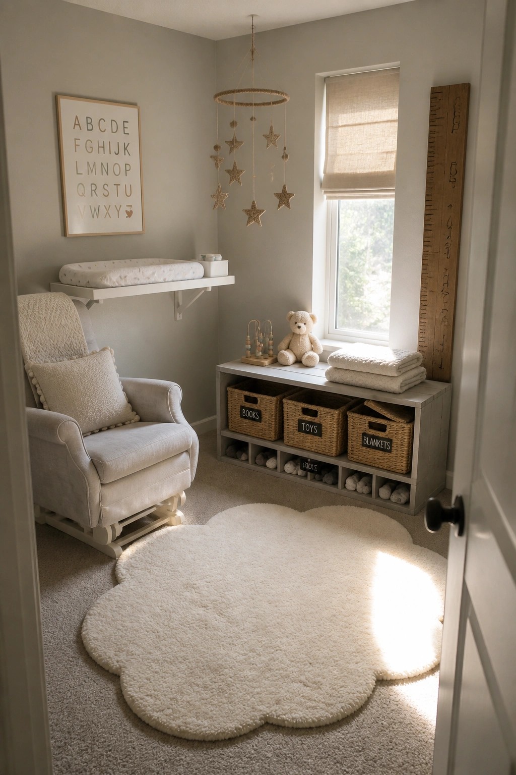 A nursery corner with a white storage bench under a window holding three labeled wicker baskets and a teddy bear, plus a white armchair and cloud-shaped rug on carpet.