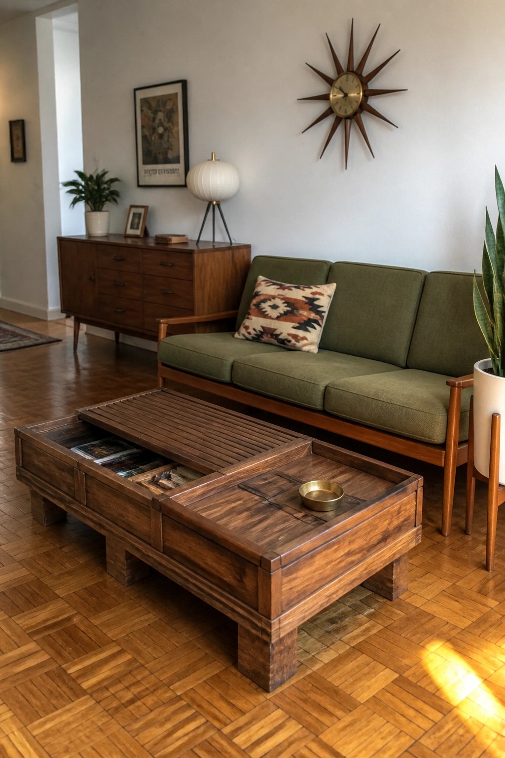 A wooden coffee table with open storage compartments filled with magazines sits in front of a green sofa.