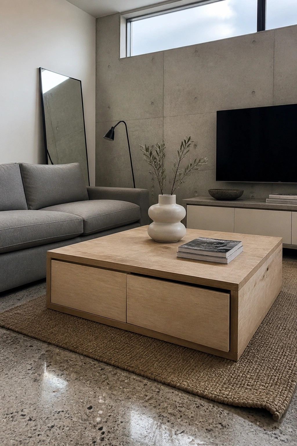 A light wood square coffee table with two built-in drawers sits on a woven rug in a living room with a gray sofa and concrete walls.