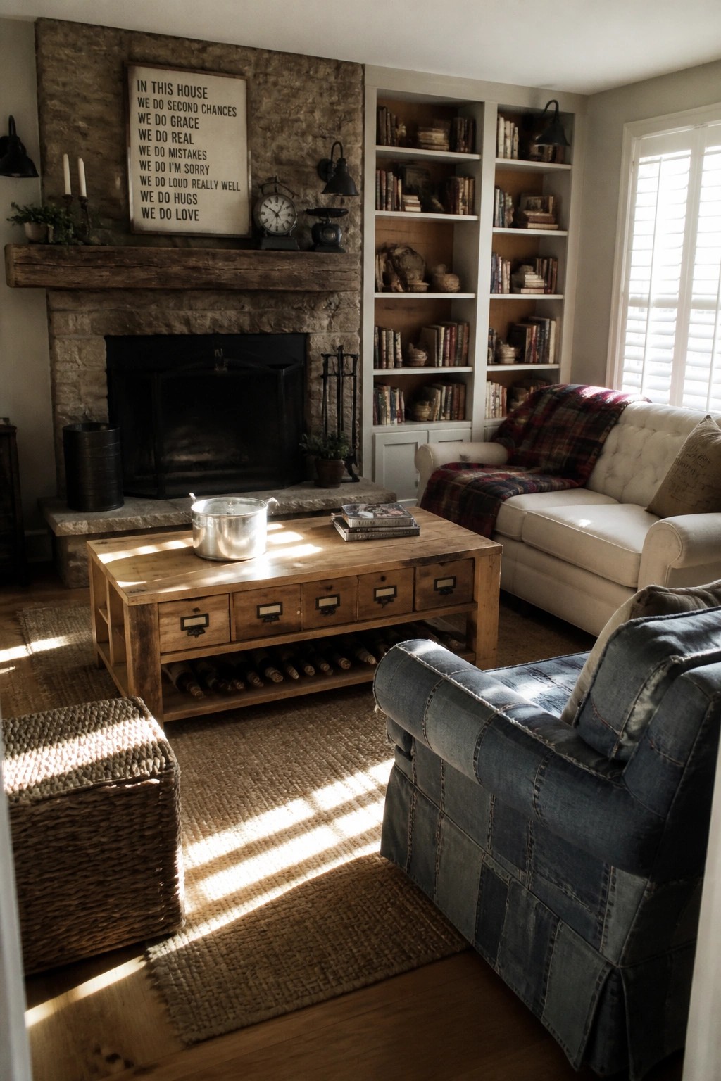 A rustic living room featuring a wooden coffee table with multiple drawers and lower bottle storage, positioned in front of a stone fireplace.