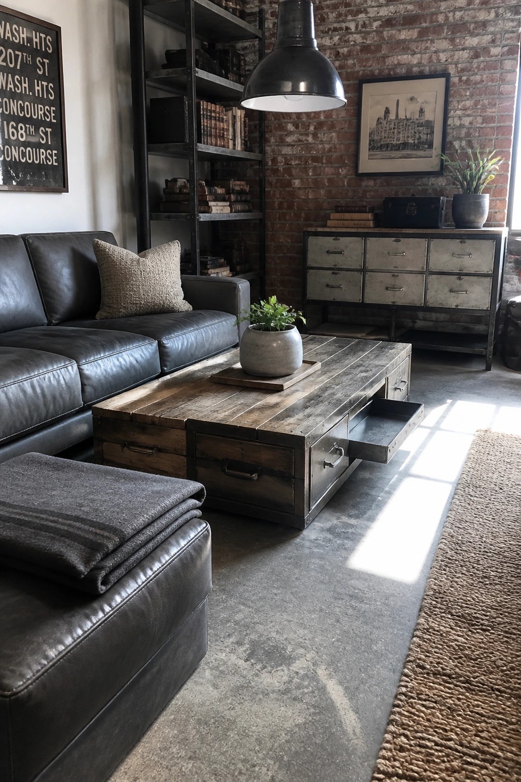 A living room with a dark leather sofa, a rustic wooden coffee table with open drawers, and industrial-style shelving against a brick wall.