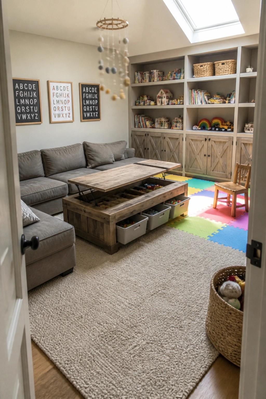 A playroom interior showing a gray sectional sofa, a wooden lift-top coffee table with open storage bins, and built-in wall shelves filled with books and toys.