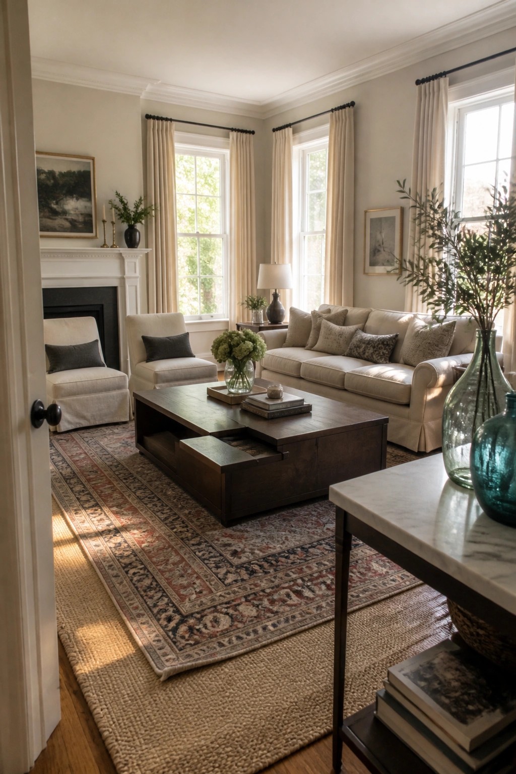 A living room with a dark wooden coffee table that has multiple built-in storage compartments, placed on a large patterned rug in front of a beige sofa.